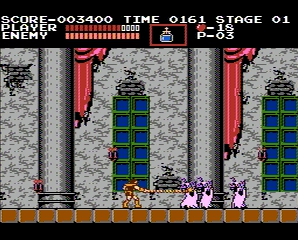 Castlevania screenshot of vampire hunter Simon Belmont whipping poor innocent ghouls with his woeful whip weapon