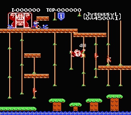 Donkey Lonk Jr screenshot where DK Jr is swinging from vine to vine in a desparate attempt to manhandle the malicious and murderous Mario monster