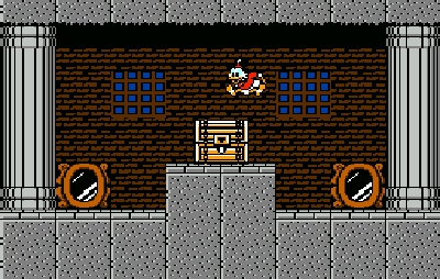 Ducktails screenshot of the greedy capitalist Uncle Scrooge McDuck pogo sticking onto a treasure chest he's appropriated from exploited peoples (possibly)
