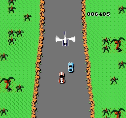 Cool Spy Hunter screenshot with the speedy car and its helicoptor friend watching from on high