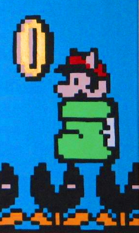 Super Mario 3 screenshot of Mario in his big green clockwork boot upgrade, which was probably made from a Yoshi hide, as he stands fearlessly atop piranha plants