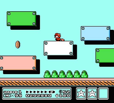 Super Mario 3 screenshot where Mario pops a squat on that one block in the first world where we all know the secret path to the warp whistle hides in plain sight