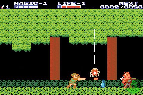 Zelda II The Adventure of Link screenshot where link is gently stabbing a spider friend to gain its wisdom and experience points