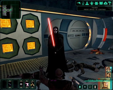 Knights of the Old Republic screenshot of an Sith lord behind his scary mask, brandishing a red lightsaber so that you know he's evil or bad news at the very least