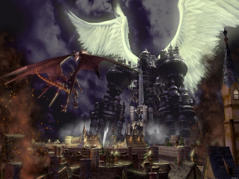Final Fantasy IX full motion video screenshot where one of those darned summon monsters is destroying the city again