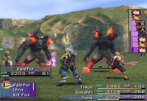 Final Fantasy X screenshot of a team battle against some weird fire wolf beast creatures