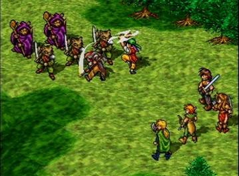 Suikoden screenshot where the enemies and heroes all line up across from each other diagonally so they can throw down in an aesthetically pleasing manner