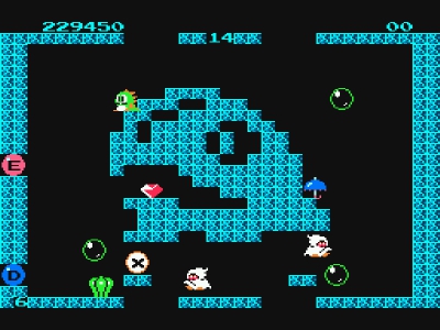 Bubble Bobble screenshot where the level looks like one of those whale monsters you fight and there's also an umbrella powerup (aka the greatest powerup ever that lets you skip levels) just sitting there