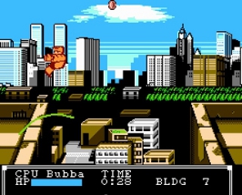 Crash N The Boys screenshot where Bubba can't quite pole vault over the gap between two sky scrapers in one of the earliest recored parkour tradgedies