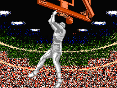 A Double Dribble screenshot of a wicked looking 360 slam dunking b-ball player with graphics that seemed way too good for the Nintendo back then