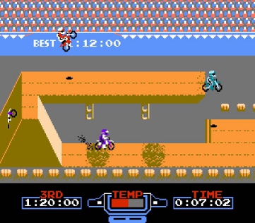 Excitebike screenshot of some of the rad ramps and such these bikes can crash against as their motorcycle overheats again and again
