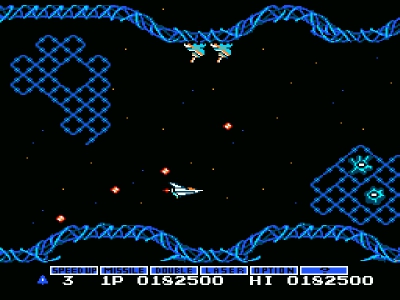 Gradius screenshot of this side scrolling shooter with its spaceship dodging enemy fire
