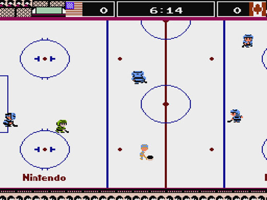 Ice Hockey screenshot of the fat hockey dude, the medium dude, and the skinny dude playing in the big Canada VS USA game to win ownership of Canada