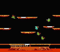 Joust screenshot of a bunch of mounted flying ostriches soaring magestically over the lava pits to murder each other