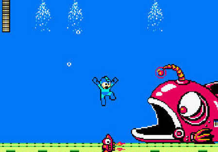 Mega Man 2 screenshot where Mega Man is back underwater (inspite of his very valid rust concerns) shooting at a giant robot fish creature and wondering if it's all worth it