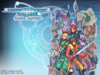 Phantasty Star Online title screenshot of all of the various characters you can make posing in front of a bright blue and beautiful PSO logo