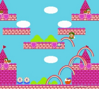 Bubble Bobble 2 screenshot where our protagonist shoots so very many rainbows at monsters and crushes them with colorful beauty