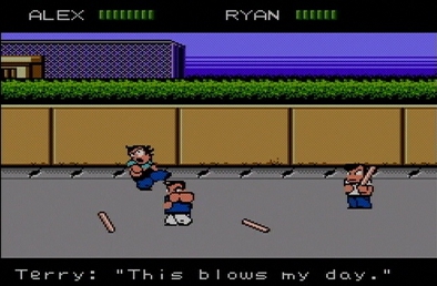 River City Ransom screenshot of some kiddos beating the shiz out of each other with sticks for money and to impress thier girlfriends