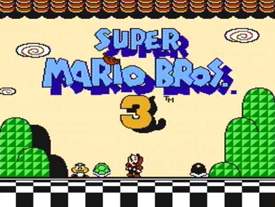 Super Mario Bros 3 title screen screenshot where Mario just about breaks his neck looking up at this cool leaf thing, not knowing it will make him a raccoon (or Tanooki in Japanese) against his will