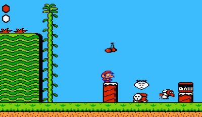 Super Mario Bros 2 screenshot of a short dumpy Mario in a weird land of turnips, cherries, and beanstalks
