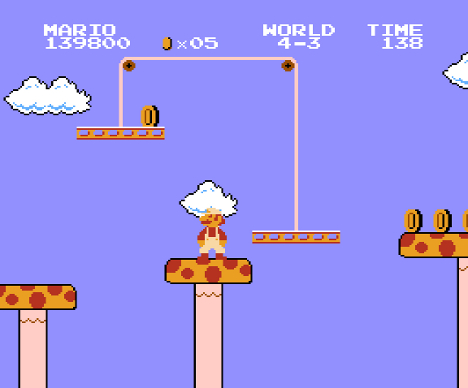 Super Mario Bros screenshot where fire Mario contemplates his next jump from one mushroom in the sky to another, where there's not mushroom for error