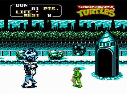 Teenage Mutant Ninja Turtles 2 Arcade game screenshot of Donatello looking confused as to why he's fighting a giant anthropomorphic snow wolf aclad in leather; a real leather-baddy