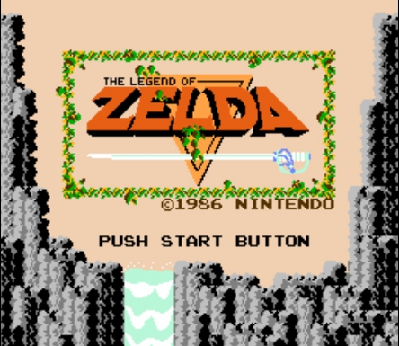 The Legend of Zelda legendary title screen screenshot with the upside down Triforce and a sword that looks more like a fancy duelist's rapier than any sort of Master Sword; also there's a waterfall
